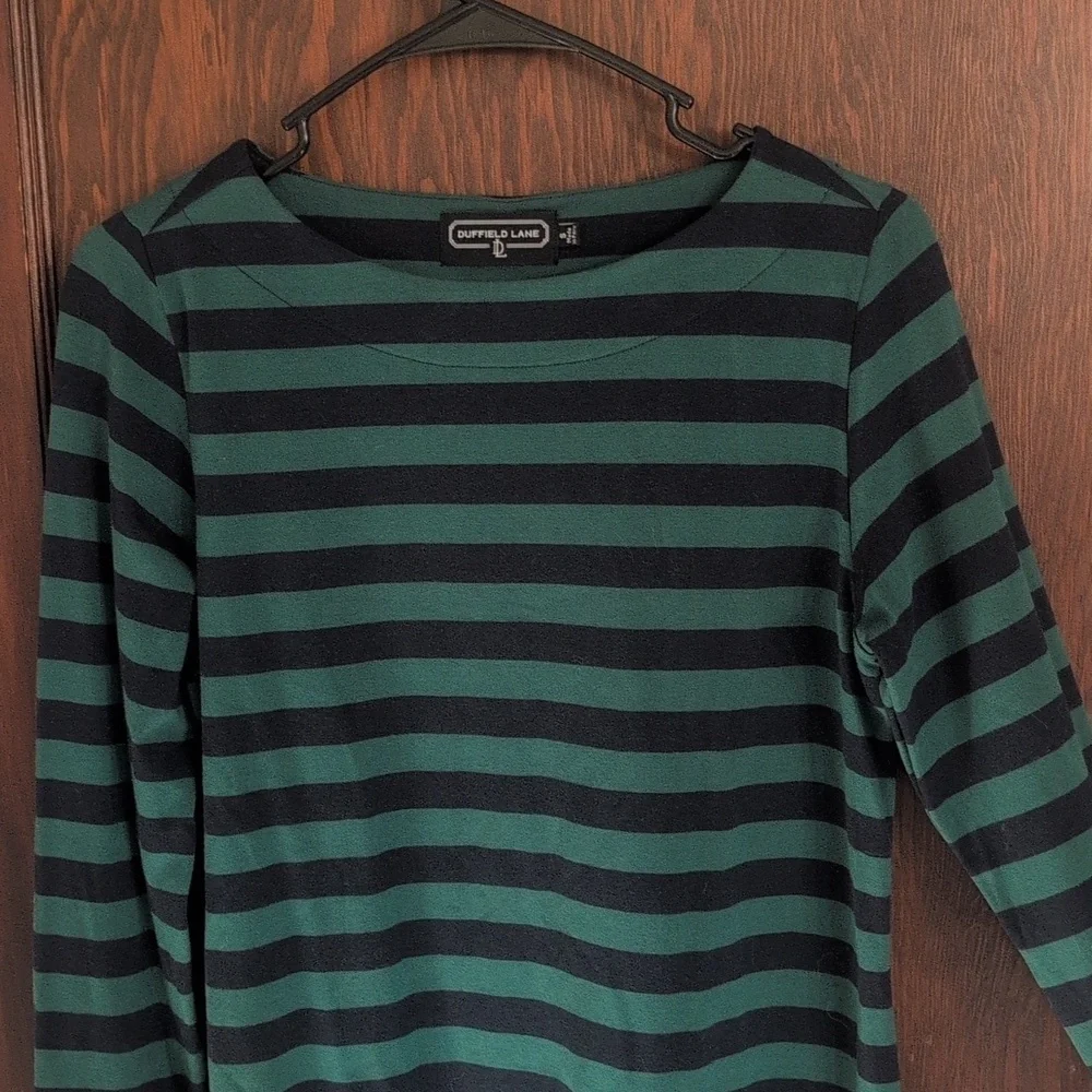Duffield Lane Green And Navy Stripe Button Back Long Sleeve Shirt Dress Size Sm - Picture 3 of 7